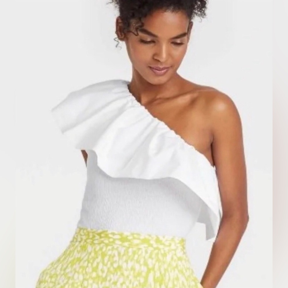 Who What Wear White One-Shoulder Ruffle Blouse Sz S